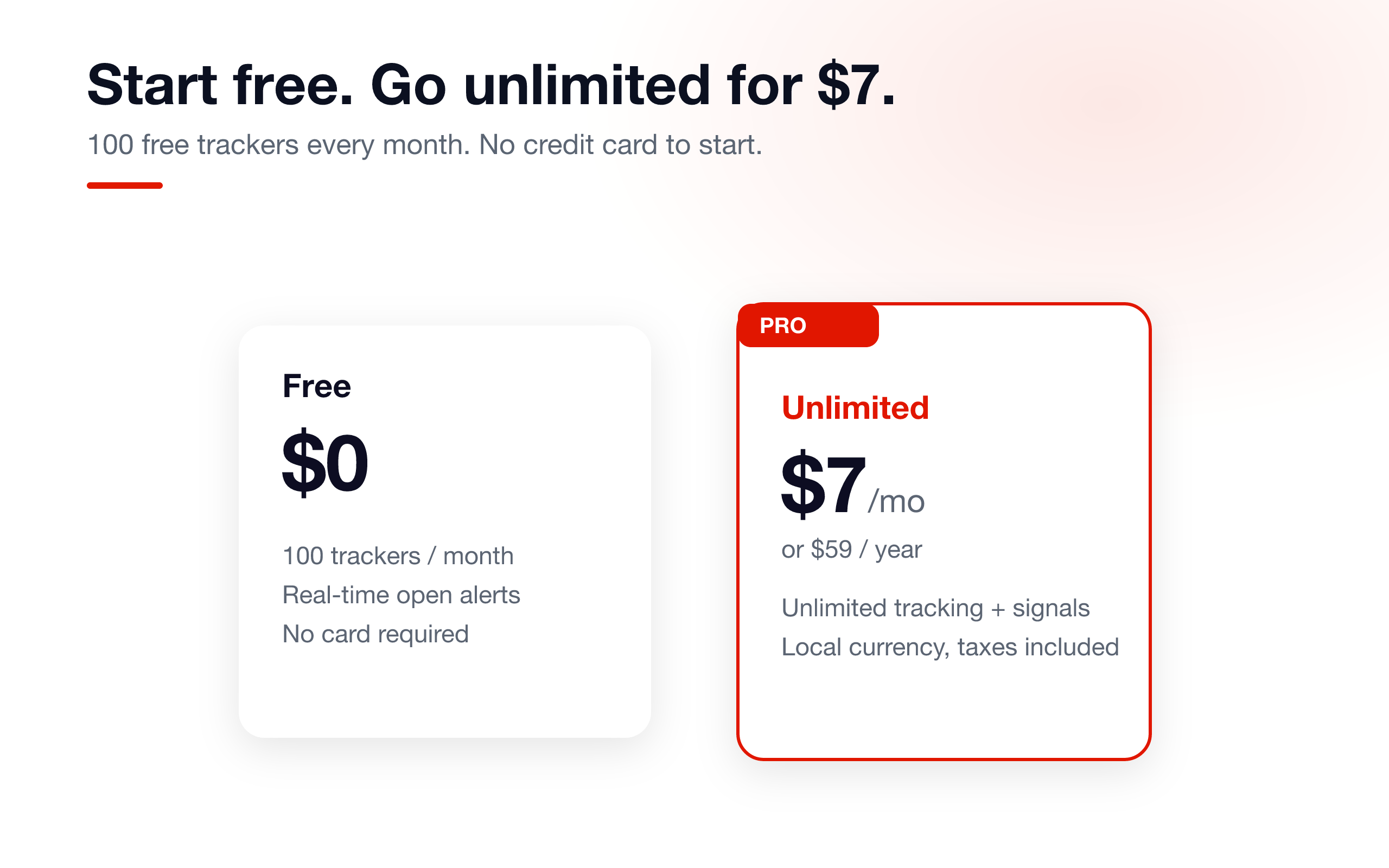 100 free trackers a month, then 7 dollars per month or 59 dollars per year